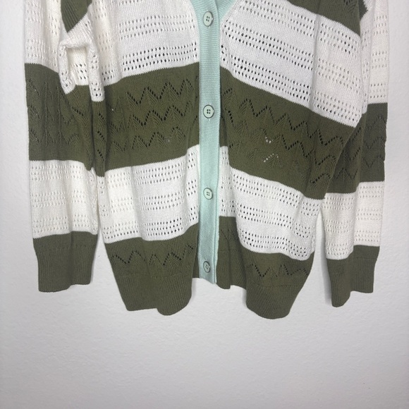Talbots Green and White Mint Open Knit Cardigan Tipped Pointelle Size 1X - Picture 3 of 7